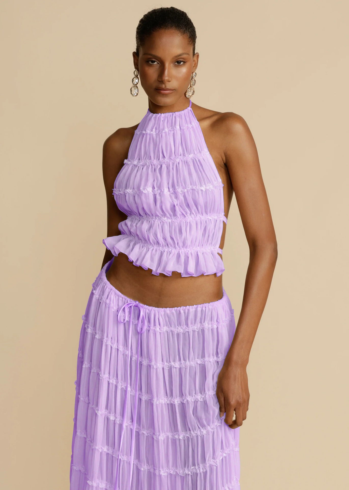 2pcs Women's Dress Suit Sexy Sleeveless Backless Cropped Halter Top And Pleated Long Skirt Beach Clothing